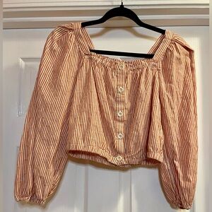 Madewell Puff-Sleeve Button-Front Crop Top in a rust/orange striped